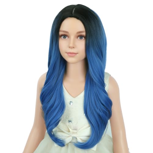 Image of PATTNIUM Black Ombre Blue Wig for Kids Girls Long Curly Wigs Dark Blue Middle Part Heat Resistant Synthetic Wigs Halloween Cosplay Costume Party Wig
