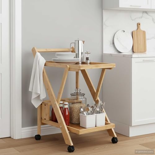 Gecheer Foldable Bamboo Kitchen Trolley with Wine Rack - 360° Swivel Wheels for Easy Indoor Storage Model42028291 - Image 4