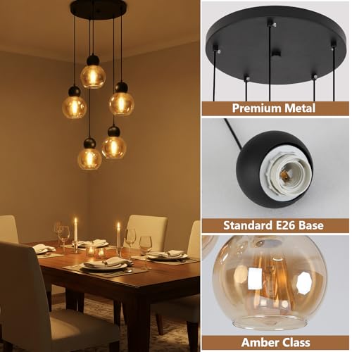 Image of 5-Light Black Cluster Pendant with Globe Amber Glass, Adjustable | Hardwired, Modern Style, for Staircase, Kitchen Island, Dining Room, Entryway