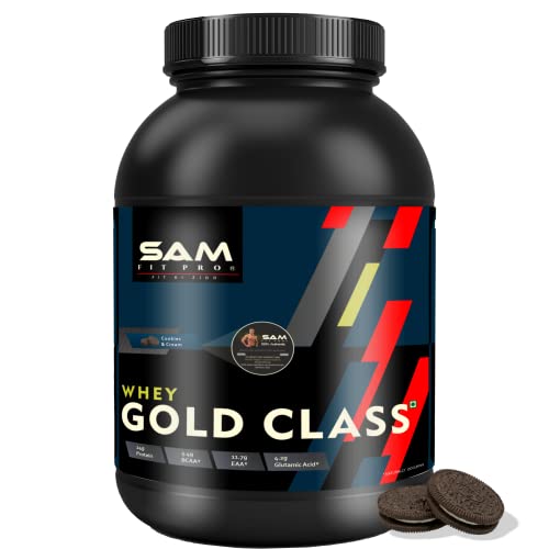 Image of SamFit Pro Gold Class Whey Protein | Chocolate Americana | 2.2 Lbs | 1kg | 24 Gram Protein per Scoop | USA made Whey (Cookies & Cream, 1kg)