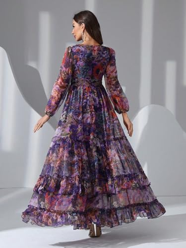 Image of TOLEEN Summer Casual Dresses for Women 2024 Spring Fashion Boho V Neck Long Sleeve Ruffle Floral Print Elegant Maxi Dress