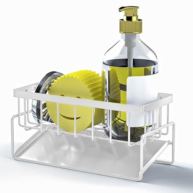Sponge Holder for Kitchen Sink, Sink Caddy Organizer,Kitchen Essentials for Countertop-Self Drain Sponge Rack,Soap Dispenser Storage,Rustproof Stainless Steel,High Brush Holder,Grey