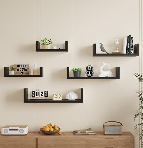 AVC Designs Floating Shelves Set Of 5 Wall Mounted Decorative Wall Shelf For Living Room, Bathroom, Kitchen, Office (Black)