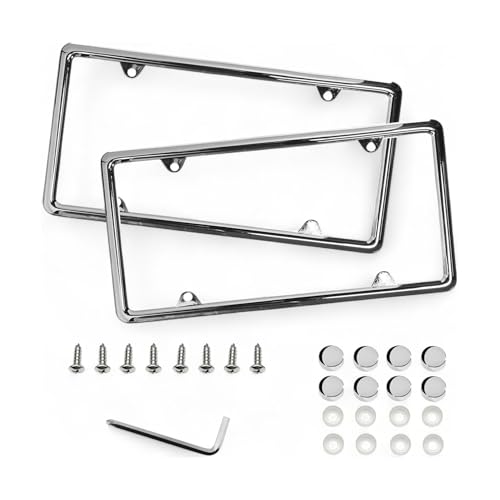 License Frame 2X Slim Style Metal S Chrome Finish 4 Holes 2 Pcs Set Zinc Cast Metal Heavy Duty Registration Number Frame Classic Style Universal Fit Reg Number Holder Durable Rust Resistant