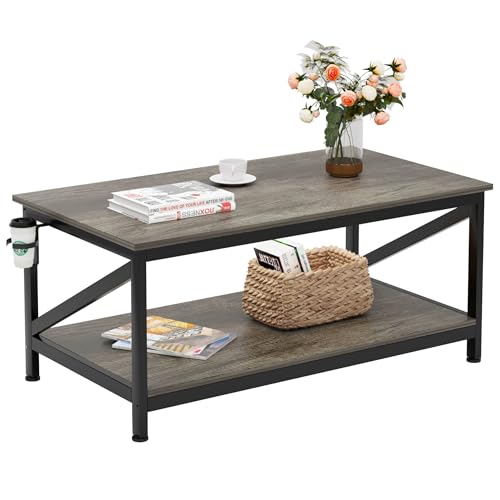 COTUBLR Coffee Table, 2 Tiers Center Table with Storage Shelf, Table de Salon for Living Room, Bedroom, Office, Industrial Wooden Tabletop and Metal Frame, Grey Oak