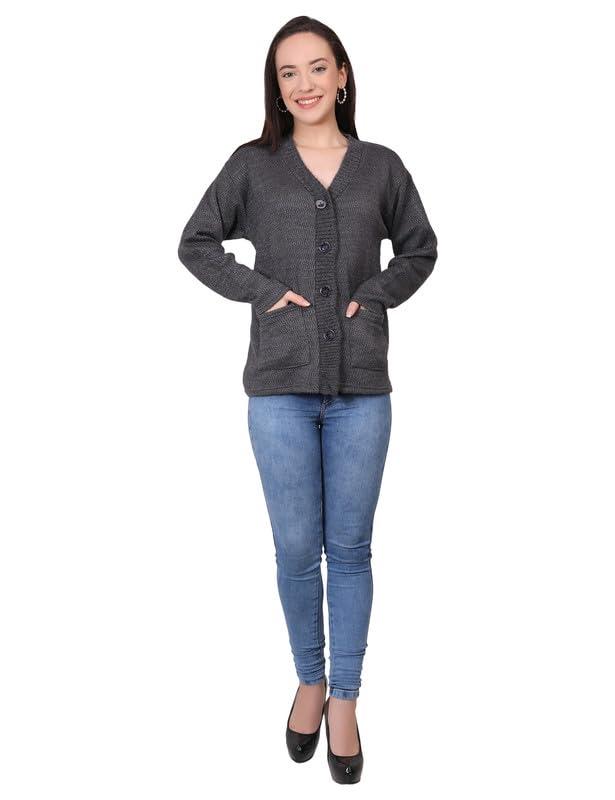 Image of MANRA Women's Woolen V-Neck Buttoned Full Sleeve Cardigan Self Design Soft Wool Fabric Winter Wear Pure Wool Sweater Fully Warm, Front Pockets Cardigan
