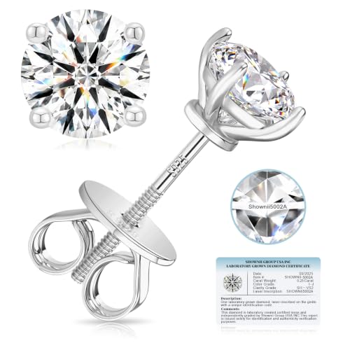 SHOWNII Diamond Earrings Certified LAB GROWN Diamond Stud Earrings for Women 0.25CT - 2CT 14K Gold Plated S925 Sterling Silver 4-Prong Screw Back Round Cut (I-J Color S1-VS2 Clarity).