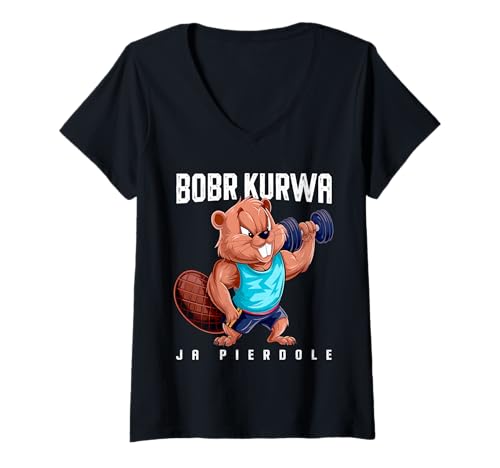 Womens Bóbr Kurwa Funny Gym Fitness Meme Bodybuilder & Pumper V-Neck T-Shirt
