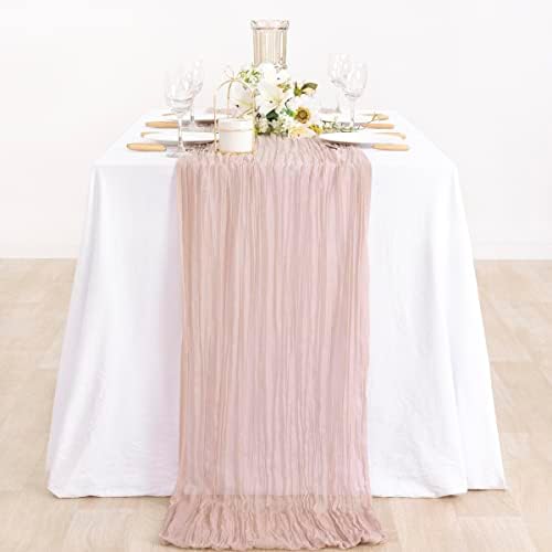 MLMC 10ft Dusty Pink Cheesecloth Table Runner 35x121 Inches Rustic Wrinkled Gauze Table Runner for Wedding Baby Shower Party Decor