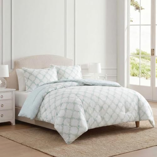 Image of Martha Stewart - Queen Comforter Set, 100% Cotton Bedding with Shams, Soft and Breathable, Lightweight All-Season Comforter, Reversible Design, Romantic Trellis Blue
