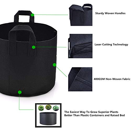 Sfee 5 Pack 3 Gallon Grow Bags, Non-Woven Aeration Fabric Pots Thickened Heavy Duty Garden Pots Container with Handles Grow Bag for Vegetables, Plants, Flowers, Fruits+5 Waterproof Labels(Black)