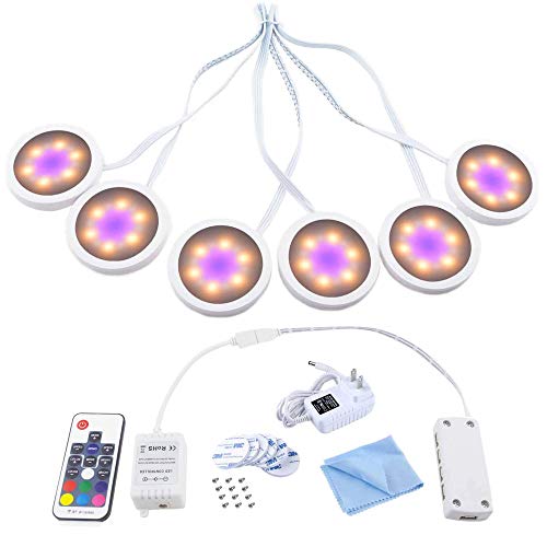 RSYEEK LED Under Cabinet Lighting :12V Linkable Puck Lights Wired and Hardwired with Remote Control Use for Kitchen Closet Showcase Display Stairway (UV+Warm+Daylight White, 6 Lights)