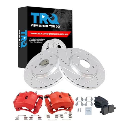 Image of TRQ Performance Front Brake Pad and Rotor Set Ceramic Coated Drilled | For 2004-2008 Chevrolet Malibu 2006-2007 Pontiac G6