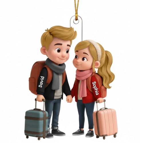 Travel Ornament for Adventure Couple - Personalized Acrylic Ornament, 3D Effect Cartoon Traveling Couple Personalized Acrylic Ornaments, Traveler Couple Holiday Xmas Ornaments, Gifts for Husband Wife