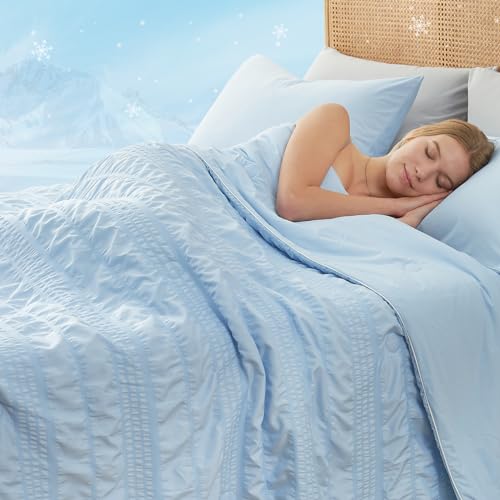 Cozy Bliss Seersucker Cooling Comforter Queen Size, Q-Max 0.4 Reversible Lightweight Cooling Blanket, Breathable Silk Smooth Summer Bedding Quilt for Hot Sleepers Night Sweats Cold Blue