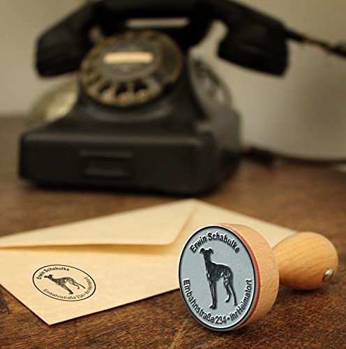 Stempel Adressstempel Holzstempel - Galgo Español - rund ∅ 40mm personalisiert als Firmenstempel Namensstempel Bürostempel