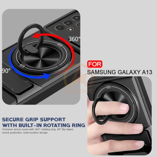 Image of Samsung A13 Back Cover | Armor Camera Slider 360 Degree Rotating Finger Ring Holder Case with Bracket Stand Back Case Cover (Compatible with MagSafe Accessories) (Black)