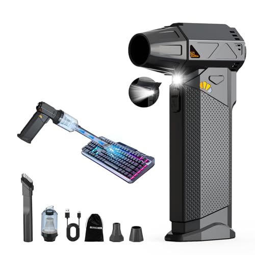 SEANCHEER 2-in-1 Elektrische Staubgebläse & Mini Staubsauger, 180000 U/min Stufenlose Drehzahlregelung Compressed Air Duster, 8000mAh Akku, für PC/Sofa/Auto. (Schwarz - mit Staubsauger)