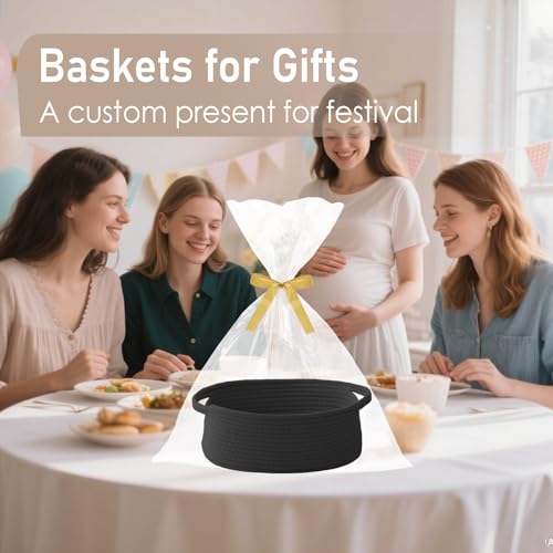 Image of JMvicyroam Small Woven Basket, Empty Gift Basket, Black /1 Pack | Small Gift Basket, Cotton Rope, 12 x 8 x 24 in, Handles, Includes Ribbon and Bag, Birthday Gift Basket