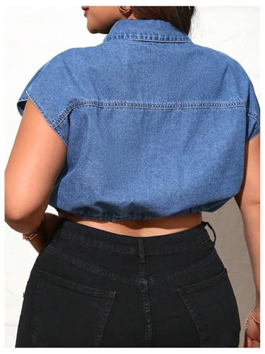 Verdusa Women's Plus Size Button Down Denim Vest Drawstring Cap Sleeve Crop Jackets with Pocket2