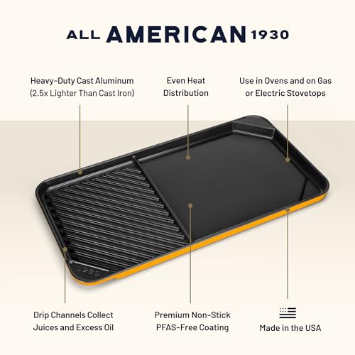 Image of All American 1930 - Ultimate 60 /40 Griddle with Ceramic Non-Stick Coating - Mustard Yellow - Durable & PFAS Free - Indoor Griddle for Easy Prep, Cooking, & Cleaning - Made in the USA