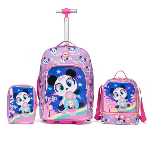 Conjunto de Mochila Infantil com Rodas, Lancheira e Estojo, Tema Panda, Rosa e Roxo, 3 Peças