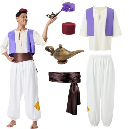 Aladdin Kostüm Herren Aladdin Kostüm Set mit Arabischer Prinz Weste Aladdin Lampe Hemden Hüte Aladinhose Karneval Kostüm Herren Aladdin Erwachsene Kostüme für Halloween Karneval Cosplay Party