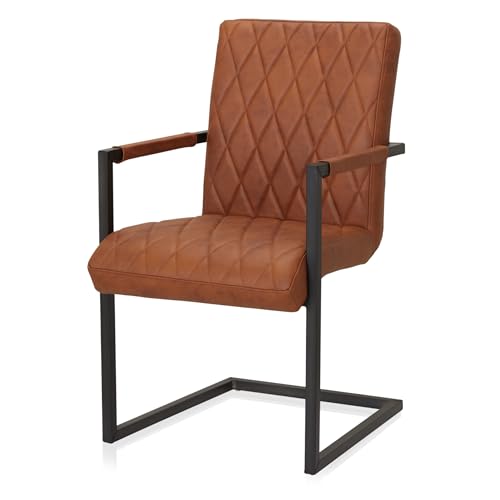 KHG Esszimmerstuhl Schwingstuhl mit Armlehnen Braun Leder | Freischwinger bis 110 kg - Küchenstuhl, Schwingstuhl, Polsterstuhl mit...