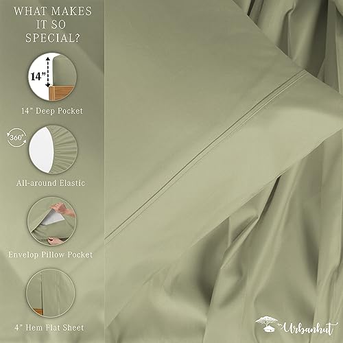 URBANHUT 800 Thread Count Egyptian Cotton Sheets Set Twin Size, Luxury Twin Bed Sheets, 3 Pc Bed Sheet Sets, Hotel Sheets Sateen Finish Fits 16" Deep Pocket - Sage