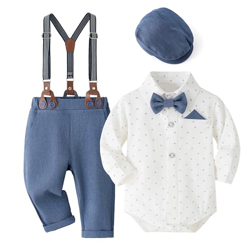 Volunboy Bimbo Neonato Completini e Coordinati Gentiluomo, Body Elegante con Papillon + Pantaloni con Bretelle + Baretto 5 Pezzi(Taglia 73,9-12 mesi,Blu Scuro