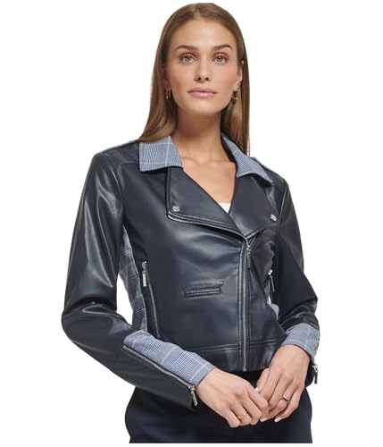 DKNY Women's Mixed-Media Plaid-Trim Moto Jacket (Deep Colbalt, 18)
