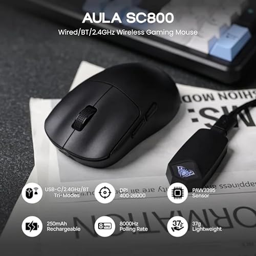 Image of AULA SC800 Tri-Mode Wireless 2.4G /Wired /Bluetooth Ultra-Lightweight Gaming Mouse | 37grams, Adjustable 26000 DPI, PAW3395 Sensor, 8000 Polling Rate, Ultra-Precise & Durable for Gaming | Black (SC800B)