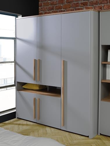 FORTE SURFINIO Schrank 150 160, Kleiderschrank, Jugendzimmerschrank, Kinderzimmer Skandinavisch Drehtürenschrank, 5-türig, Grau/Holzdekor: Catania Eiche, 158 cm breit x 194.3 cm hoch x 59 cm tief