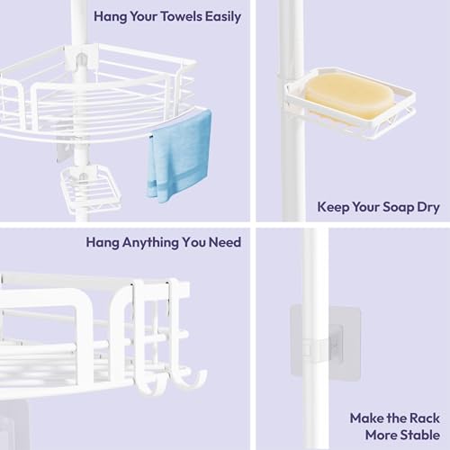 SWTYMIKI Duschablage ohne Bohren Ecke - Höhenverstellbar Teleskop Duschregal Ecke, Shampoo Halterung für Dusche mit 4 Körben, Edelstahl (70-267cm, Weiß)