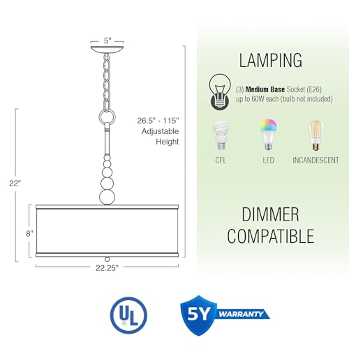 Image of Kira Home Adelade 22 inch Modern 3-Light Drum Pendant Chandelier, Sand Fabric Shade, Tempered Glass Diffuser, Adjustable Height, Oil-Rubbed Bronze Finish