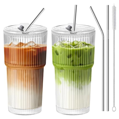 HIGIINC Iced Coffee Cups with Lids and Straws 2 Pcs，20 OZ Glass Cups with Lids and Straws, Clear Ribbed Glass Tumbler Reusable Drinking Glasses for Matcha, Smoothie, Cocktail,Latte