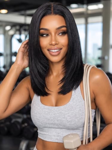 Image of KLAIYI Bye Bye Slip Layer Cut Yaki Straight Bye Bye Knots Bob Wig Human Hair Glueless Drawstring Precut 7x5 Lace Front Wigs Pre Plucked Bleached Ready to Wear and Go Beginners Wig 180% Density 12Inch