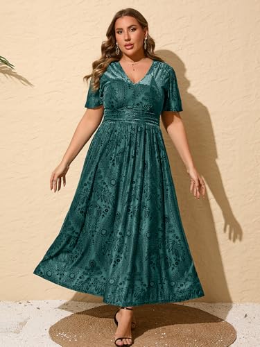 Image of Simplee Women's V Neck Velvet Maxi Dress Short Sleeve Empire Waist Long Formal Dress for Wedding Guest