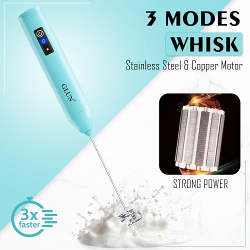 Image of GLUN Portable Coffee Frother Vibe Turquoise Colour 1 Piece, Type-C Port Rechargeable Handheld Milk Frother with 2-Layer Detachable Steel Whisk, Fast Foam Maker for Latte, Cappuccino & Coffee