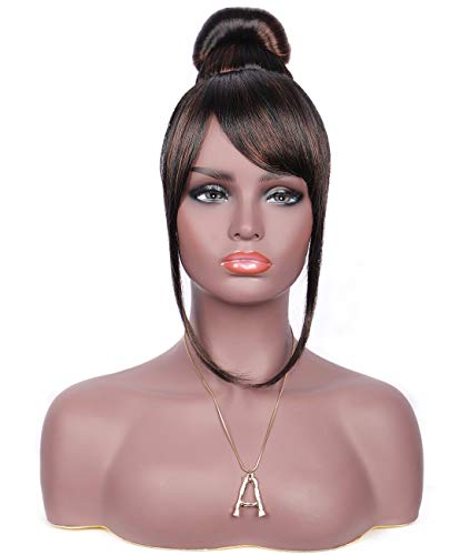 Lexqui 100% Handmade Trendy High Buns with Side Bangs Japan-made Synthetic Quick and Easy Up-do Bun Style Black Brown highlights Hair Pieces Extension for Women