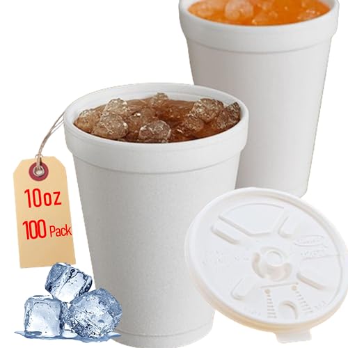 10OZ Foam Cups With Lids for Hot & Cold Drinks USA-Made 100-Pack - Ideal Styrofoam Coffee Cups Insulating To-Go Cups for Soda Tea Juice - Sturdy Disposable & comparable to Industry standard 10J10