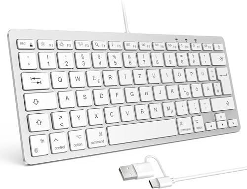 OMOTON Kabelgebundene-Mac-Tastatur, Tastatur Kabel mit Dualem Anschluss (Type C/USB), Flüsterleise Tasten & Stabiler Verbindung, Deutsches Layout (QWERTZ) kompatibel mit MacBook, iMac, Mac mini