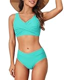 Limeeke Conjunto de Bikini de Cintura Alta para Mujer, Traje de baño de Dos Piezas con Cordones y Lazo en la Espalda, Lago Verde, Large