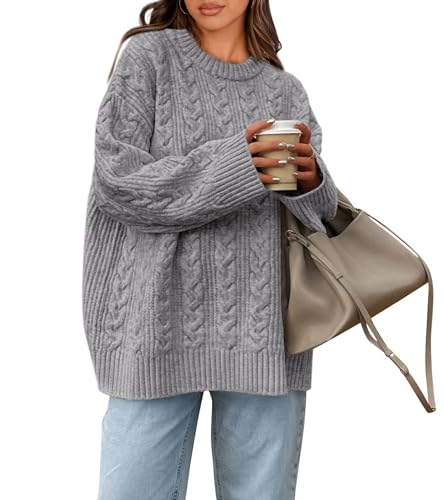 Okiwam Women's Oversized Sweaters Crewneck Cable Knit Pullover Casual Loose Fall Outfits Spring Fashion Clothes 2026-S Light Grey