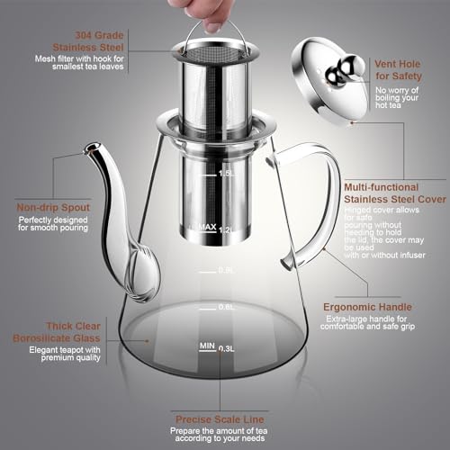 Image of 1500ml Glass Teapot, Large Tea Pot with Infuser for Loose Tea and Blooming Tea, Stovetop Safe Tea Kettle, Hand Crafted Borosilicate Glass Tea Maker with Scale Line, Tea Gift Set for Tea Lovers