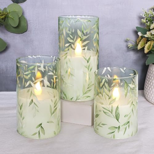 Image of Green Flameless Candles with Remote Control - Willow Leaf Design Battery Operated Candles - Elegant Home Christmas Spring Summer Decor Set of 3