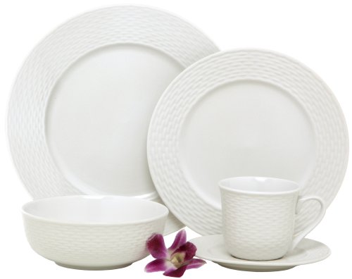 Melange 40-Piece Porcelain Dinnerware Set (Nantucket Weave) | Service for 8 | Microwave, Dishwasher & Oven Safe | Dinner Plate, Salad Plate, Soup Bowl, Cup & Saucer (8 Each)