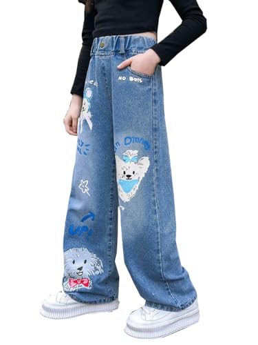 Girls Cute Cartoon Dog Print Jeans Elastic Waist Long Denim Pants Straight Pants Kids Jeans Trousers3