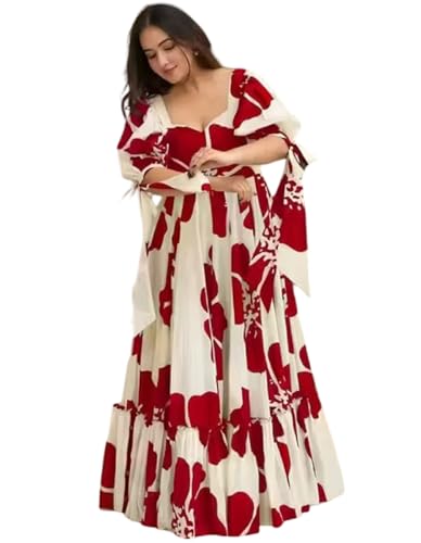 Image of Women Floral Printed Tiered Maxi Dress with Puff Sleeves, Empire Waist, Tie-Up Detail, Flared Long Dress for Casual Wear, Summer Outings, Vacation & Resort Wear - Causal Gown for Women