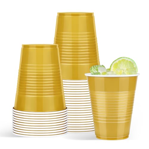 Liengoron 50 Pack Glod Plastic Cups 18 Ounce Glod Cups Plastic Disposable Cup Bulk Cup for Party Wedding Birthday